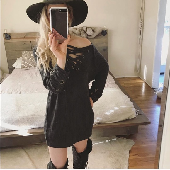 Lace-Up oversized Sweater Tunic - Charcoal Grey - Picture 2 of 7